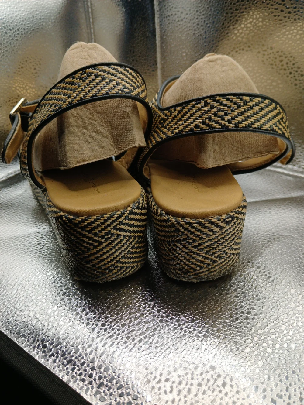Woven Crisscross Platform Sandals in Black and Tan - Women's Summer Wedges